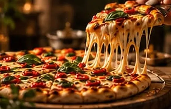 A slice of cheesy pizza being lifted