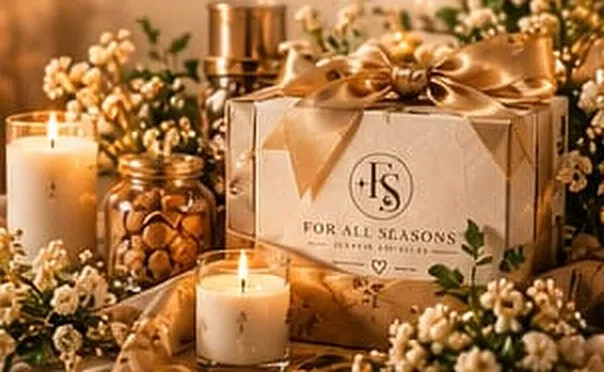 A For All Seasons gift box with ribbon, candles and flowers