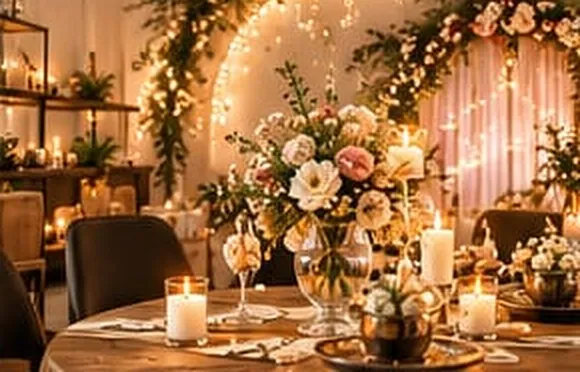 A dining room decorated with flowers, fairy lights and candles