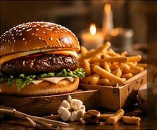 Artisanal crispy cheddar cheese burger served with fresh dips