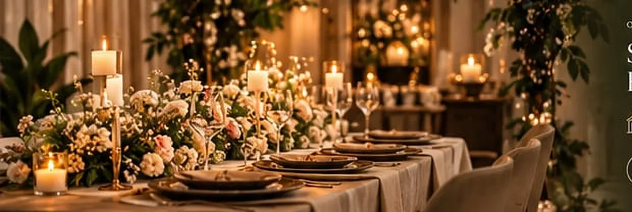 A long dining table dressed with candles, flowers and glassware