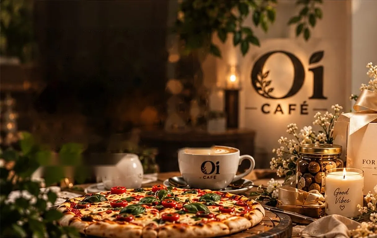Cozy ambient dining area of Oi Café with wooden tables and warm glow