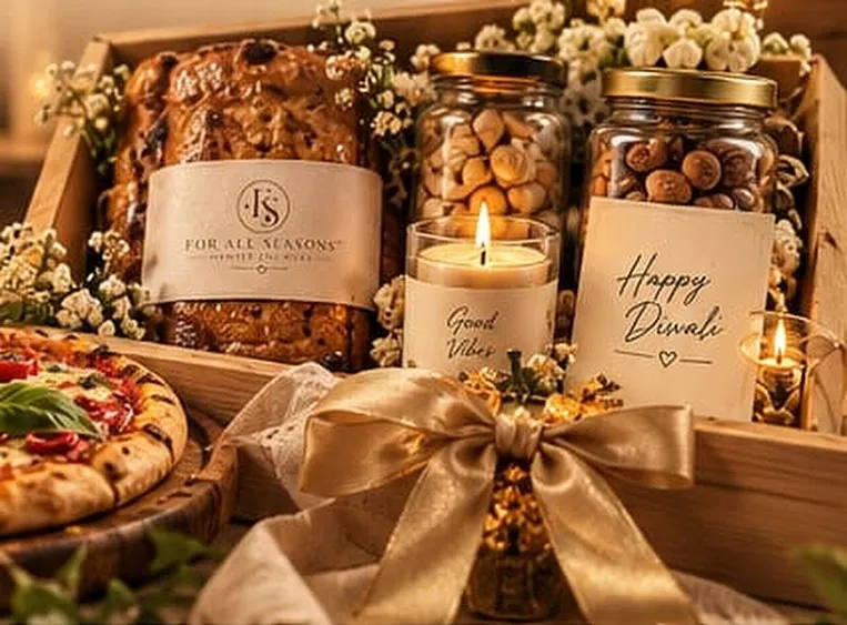 Artfully arranged For All Seasons gift hampers with satin ribbons, candles and treats