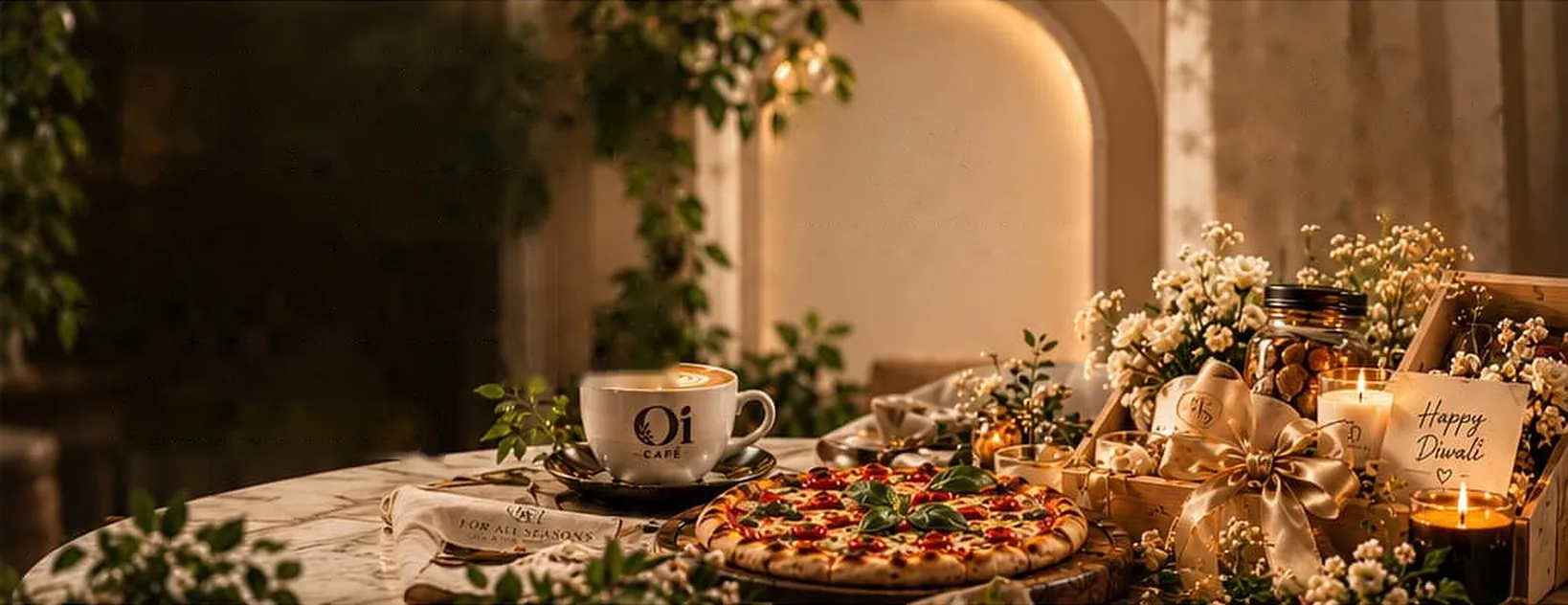 Candle-lit café table with a latte, a margherita pizza and a For All Seasons gift hamper